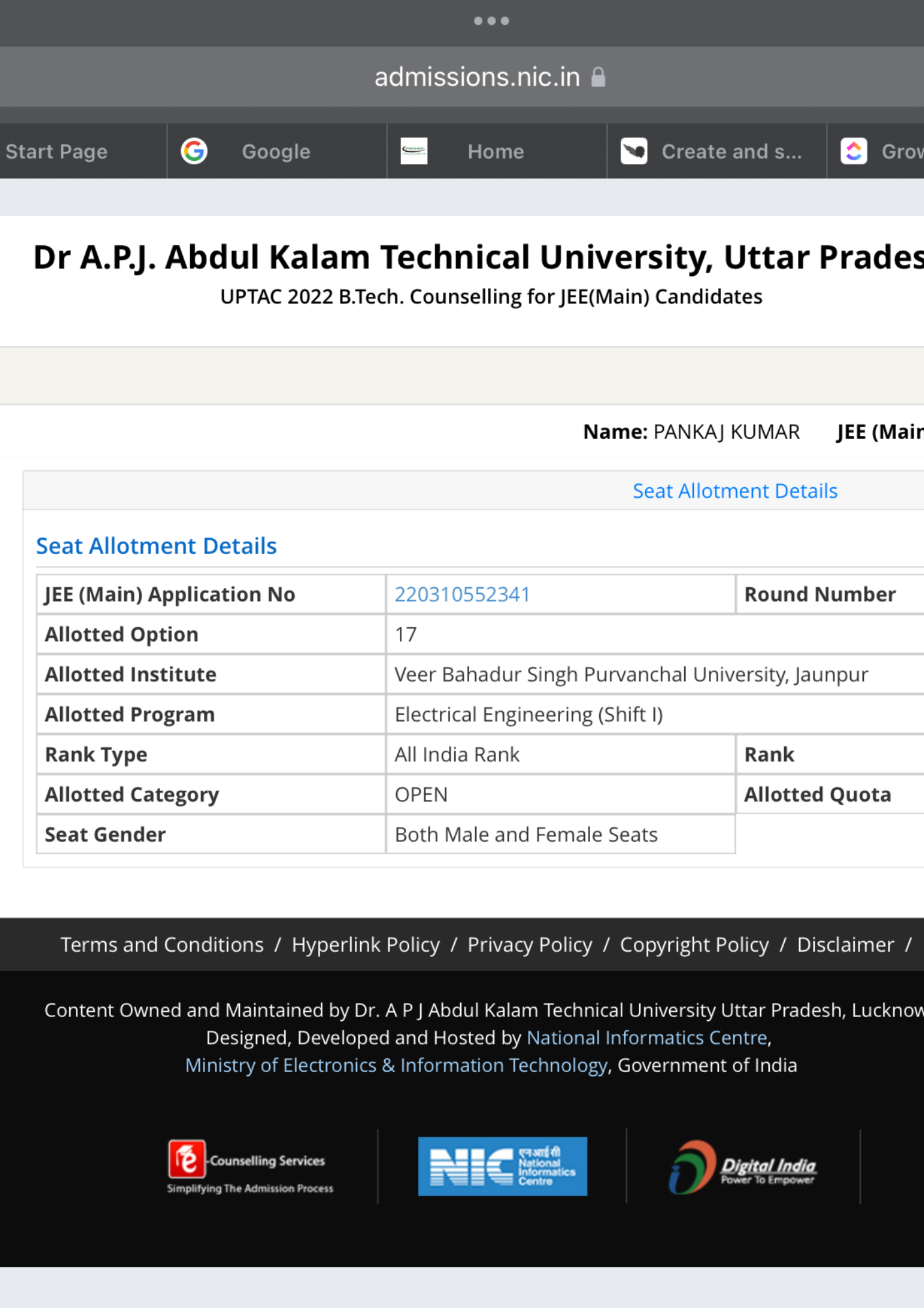 Engineering college allotment letter