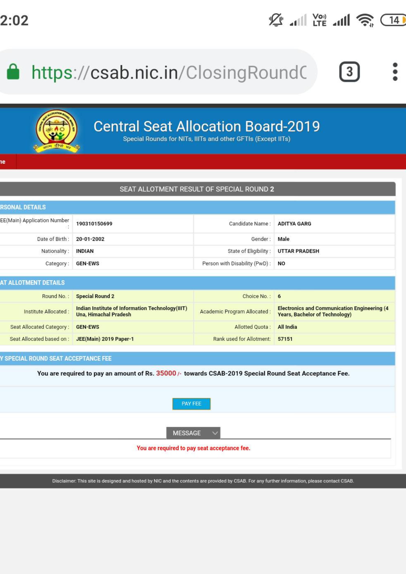NIT allotment letter - Career Margdarshan